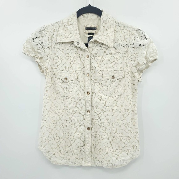 Sanctuary Women's Silk Lace Short Sleeve Button Up Cream Blouse Small - Picture 9 of 9